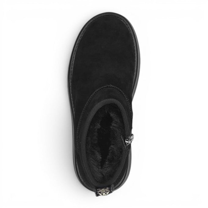 ShoeShop Tamaris black suede ankle boot with plush faux fur lining and side zipper, top-down view