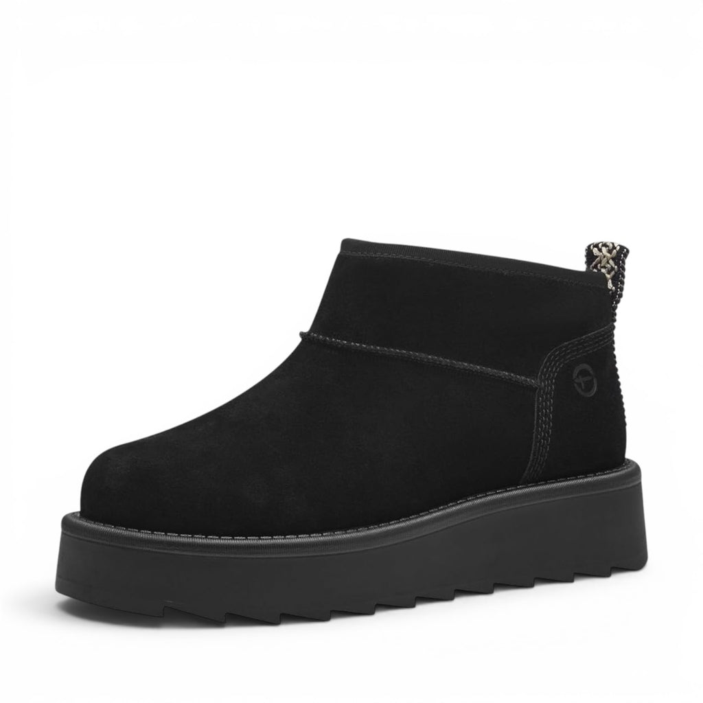 ShoeShop Tamaris black suede ankle boot with a thick platform lug sole and patterned heel pull tab