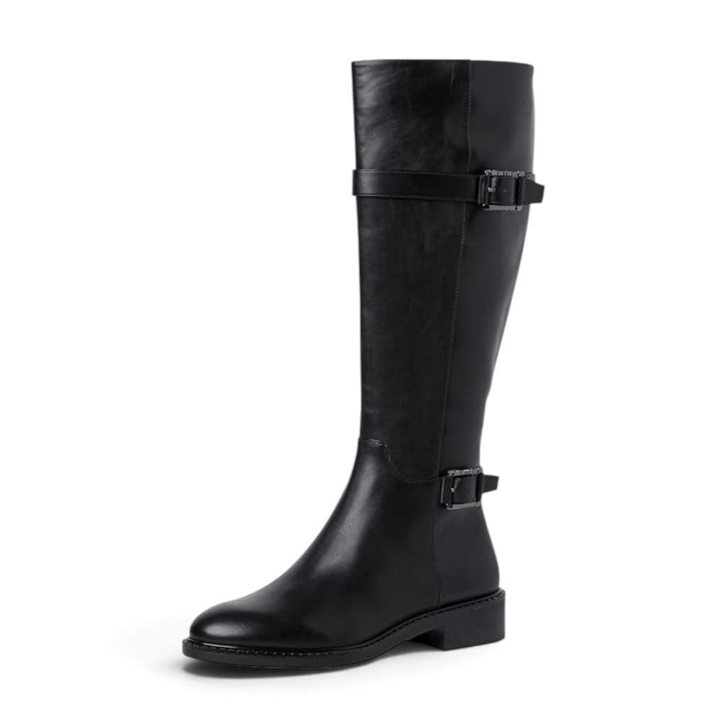 ShoeShop Tamaris black synthetic knee-high boots with side buckles and a 3cm block heel