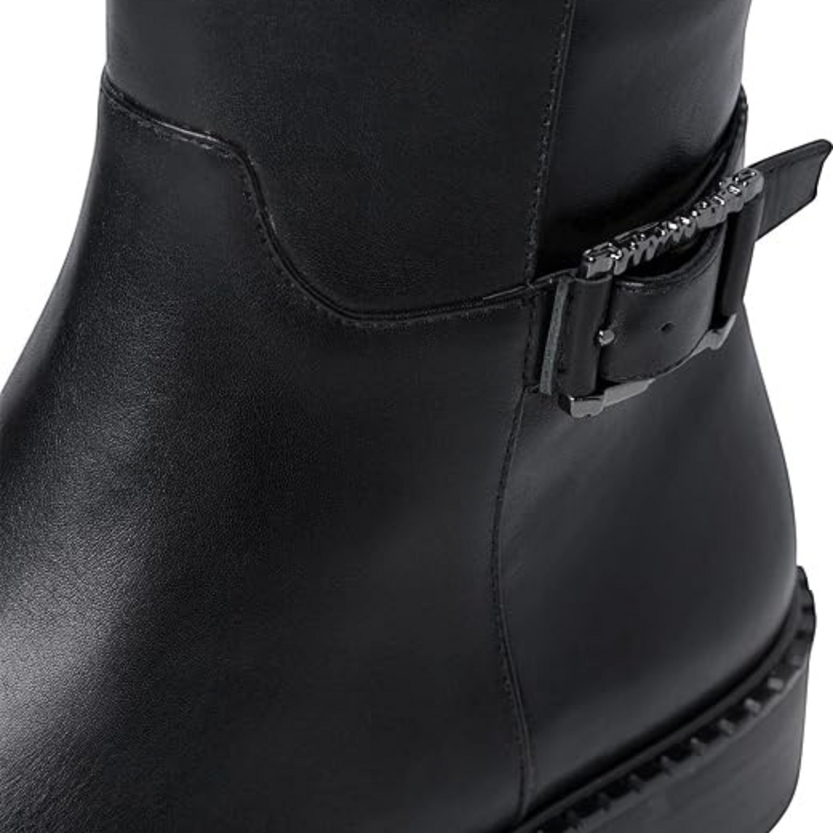 ShoeShop Tamaris black synthetic knee-high boots with a decorative side buckle and a 3cm rubber heel