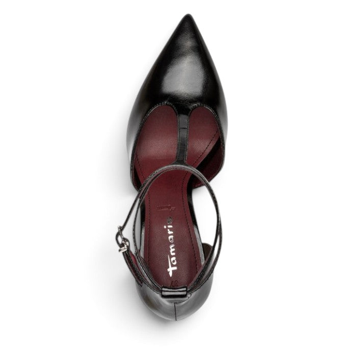 ShoeShop Tamaris black pointed-toe t-strap heels with a slim ankle buckle strap viewed from above