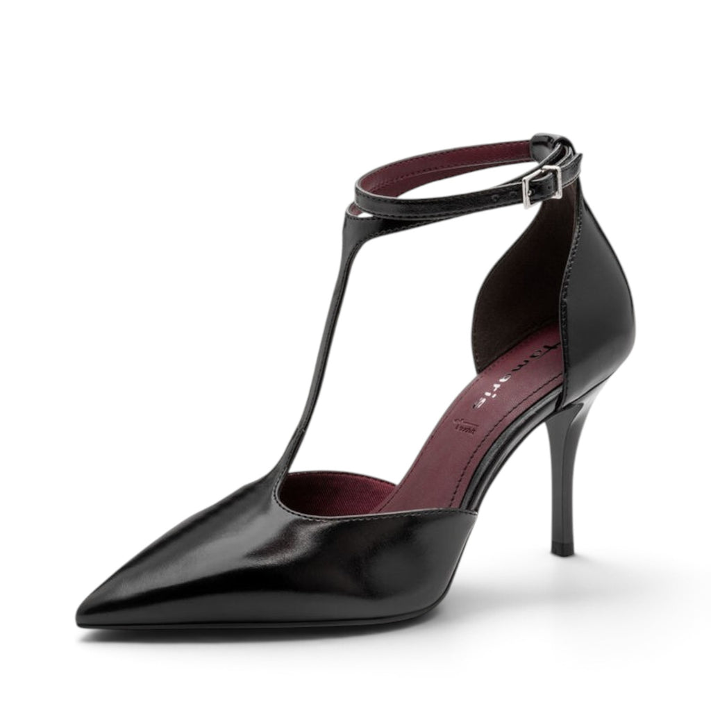 ShoeShop Tamaris black pointed-toe t-strap high heel pump with an ankle buckle strap and dark interior lining