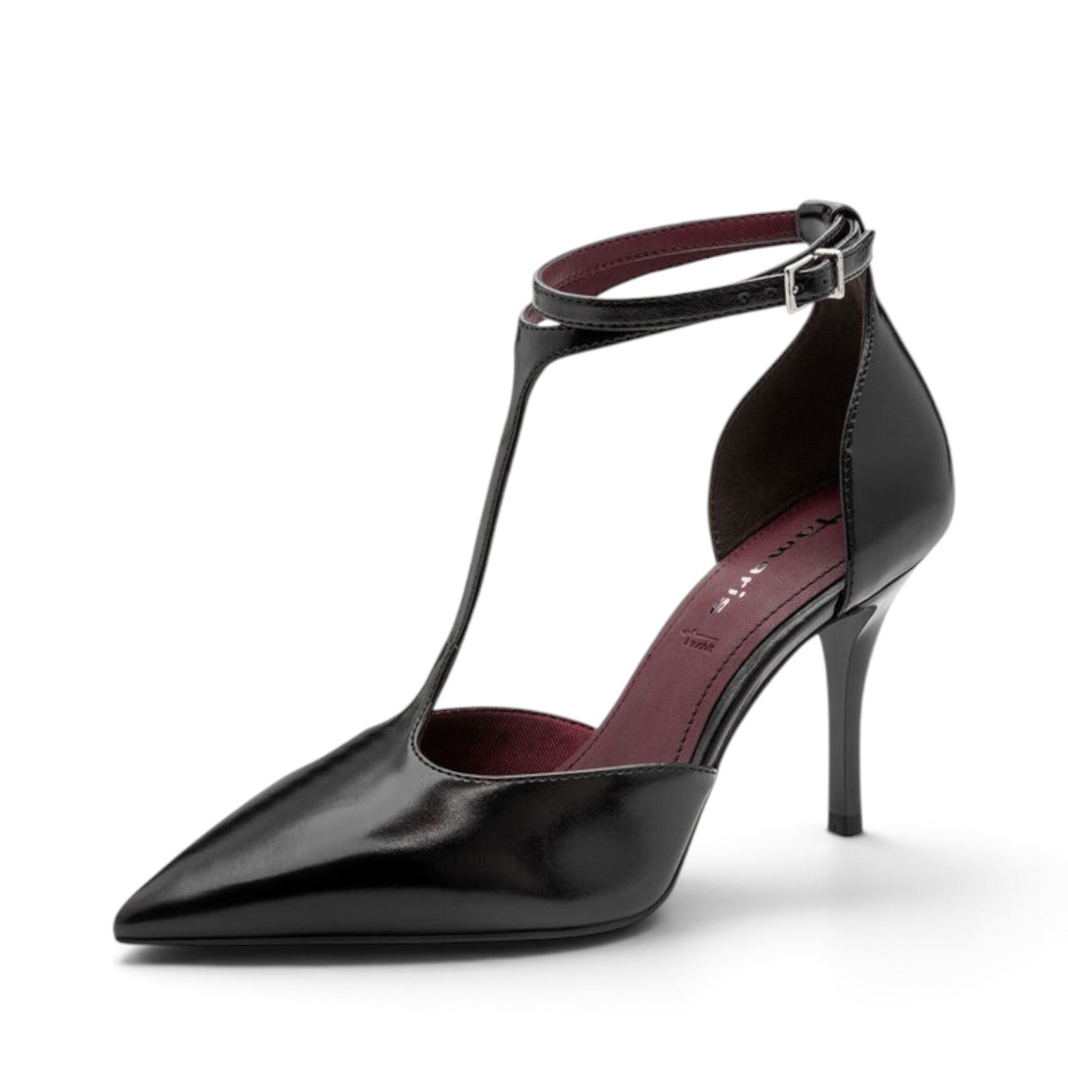 ShoeShop Tamaris black pointed-toe t-strap high heel pump with an ankle buckle strap and dark interior lining