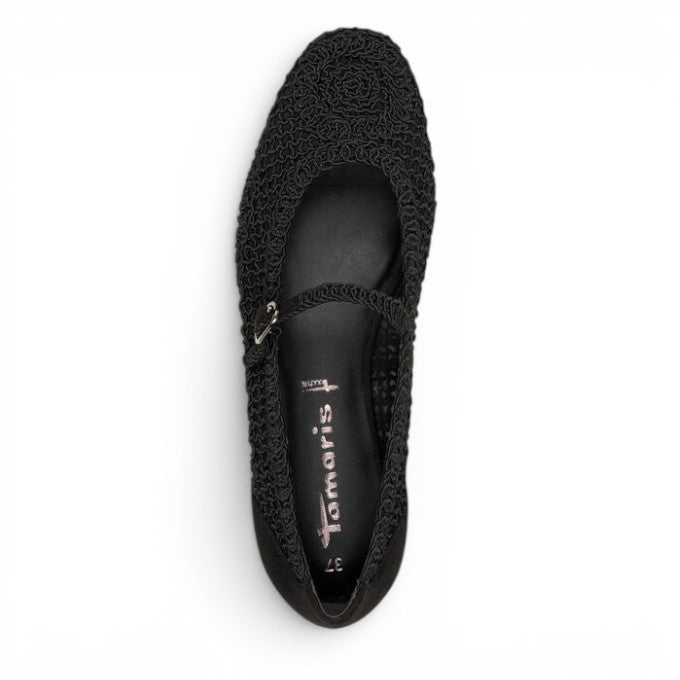 ShoeShop Tamaris black textile ballet flats with a textured crochet-style upper and non-slip rubber sole.