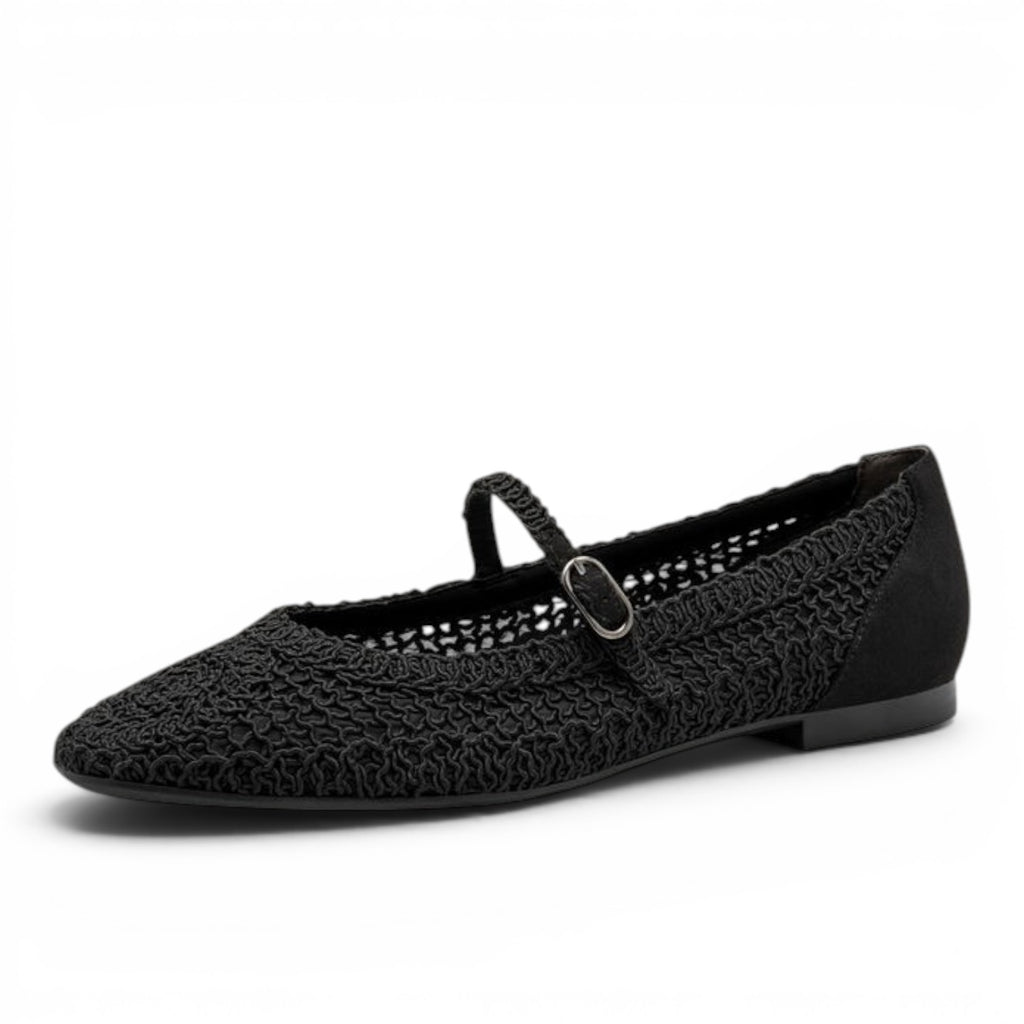 ShoeShop Tamaris black textile ballet flats with a delicate textured pattern and a slim buckled strap