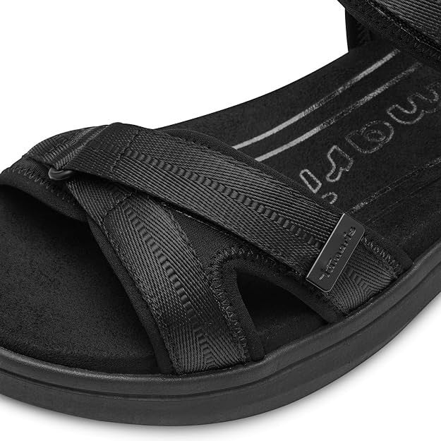 ShoeShop Tamaris black textile sport sandals with crisscross straps and cushioned footbed