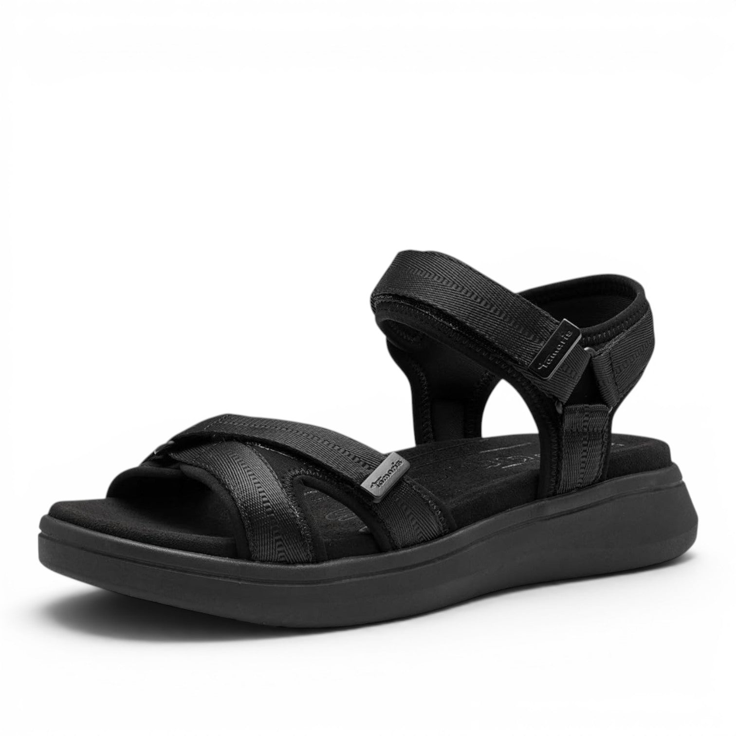 ShoeShop Tamaris black textile sports sandals with adjustable velcro straps and a thick comfortable platform sole.