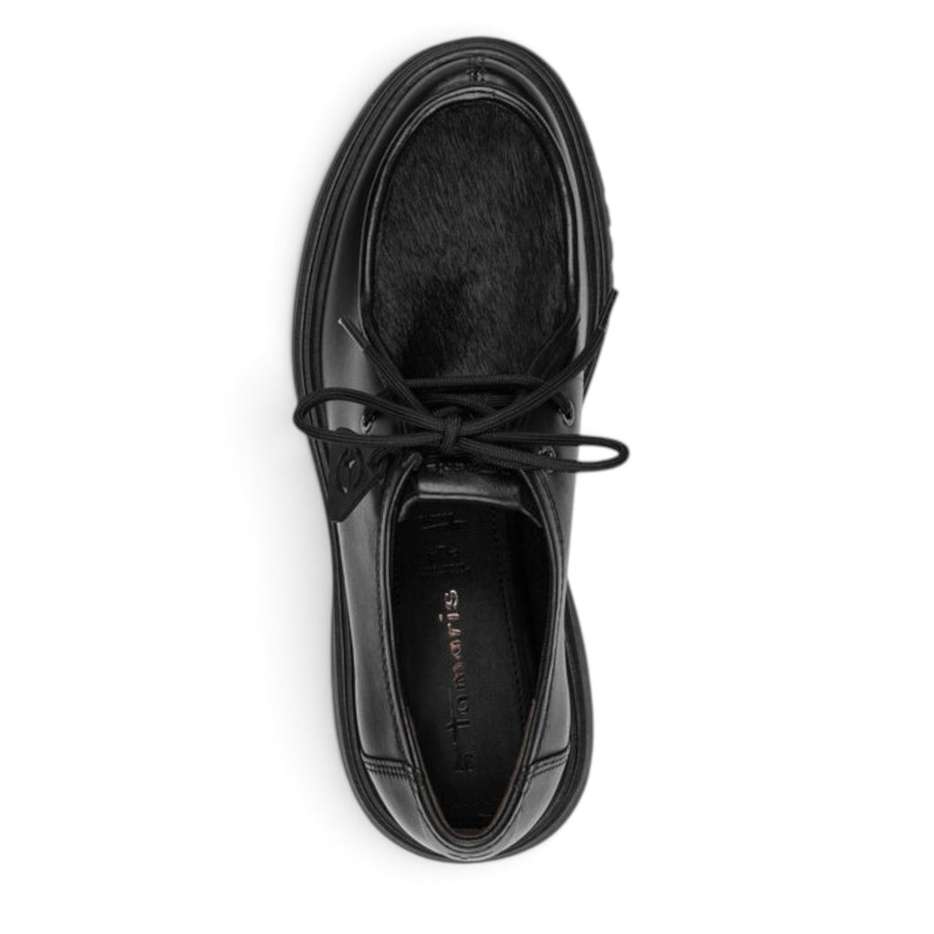 ShoeShop Tamaris black lace-up shoe with textured hair-on leather panel and chunky sole, top-down view.