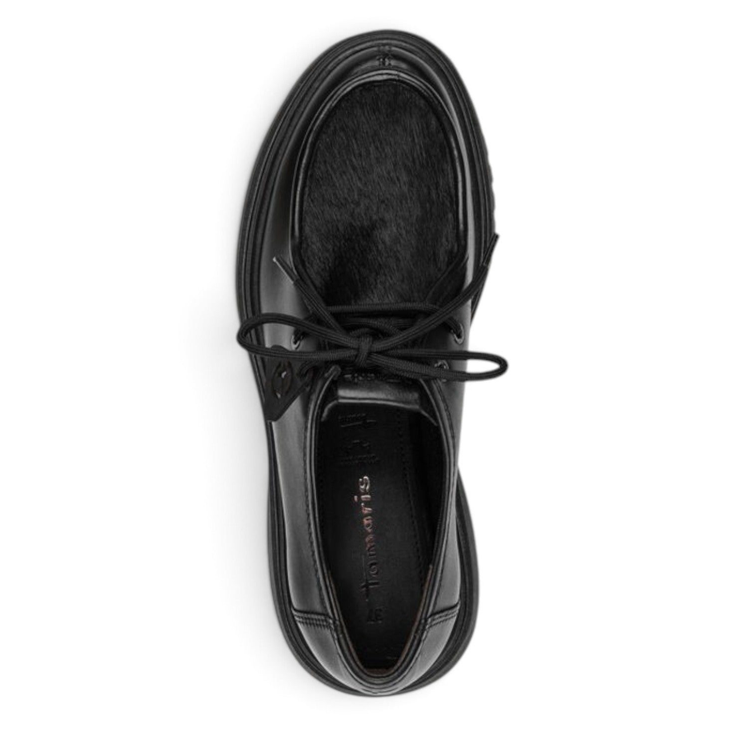 ShoeShop Tamaris black lace-up shoe with textured hair-on leather panel and chunky sole, top-down view.