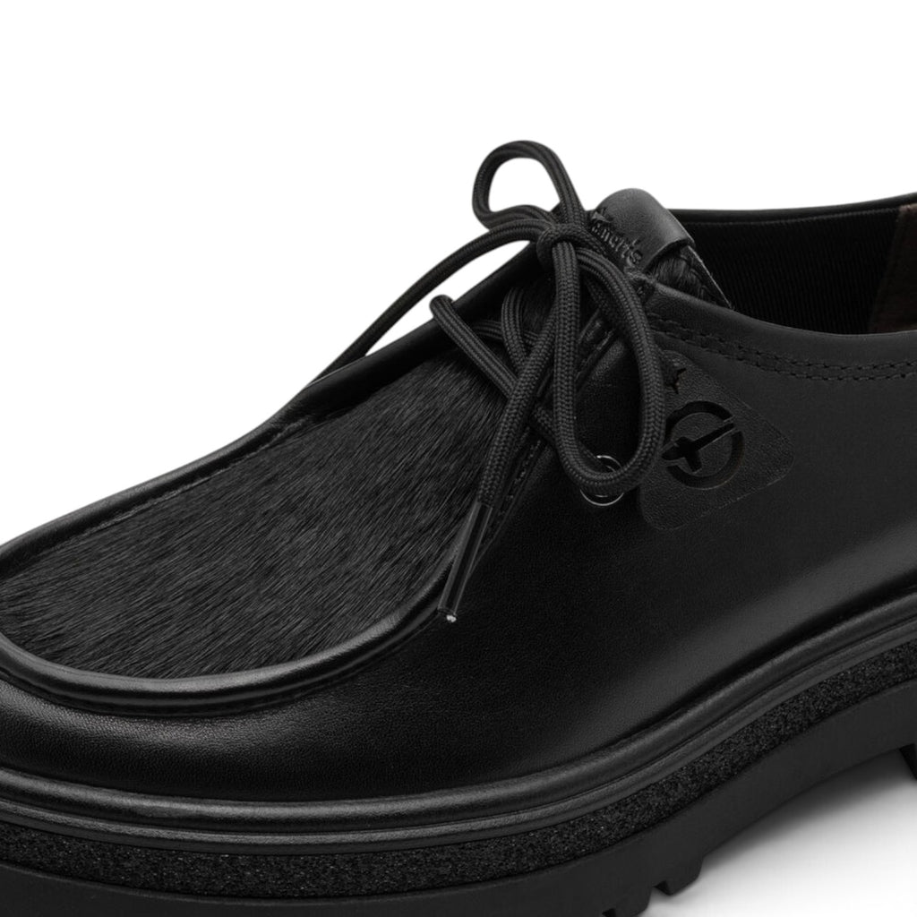 ShoeShop Tamaris black lace-up shoe with textured hair-on leather detail and a chunky platform sole