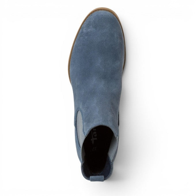 ShoeShop Tamaris blue suede Chelsea boot with elastic side panels and a flat rubber sole, top-down view.
