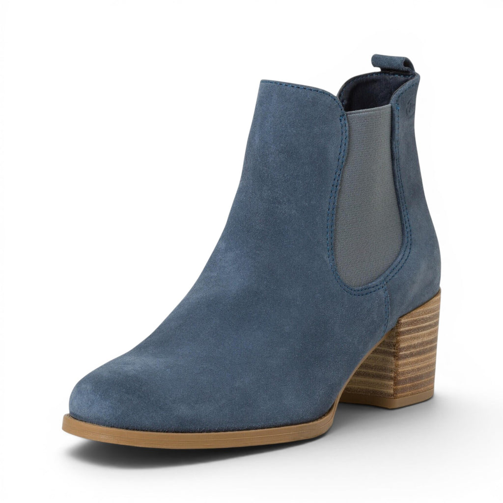 ShoeShop Tamaris blue suede Chelsea boots with a block heel and elastic side panels