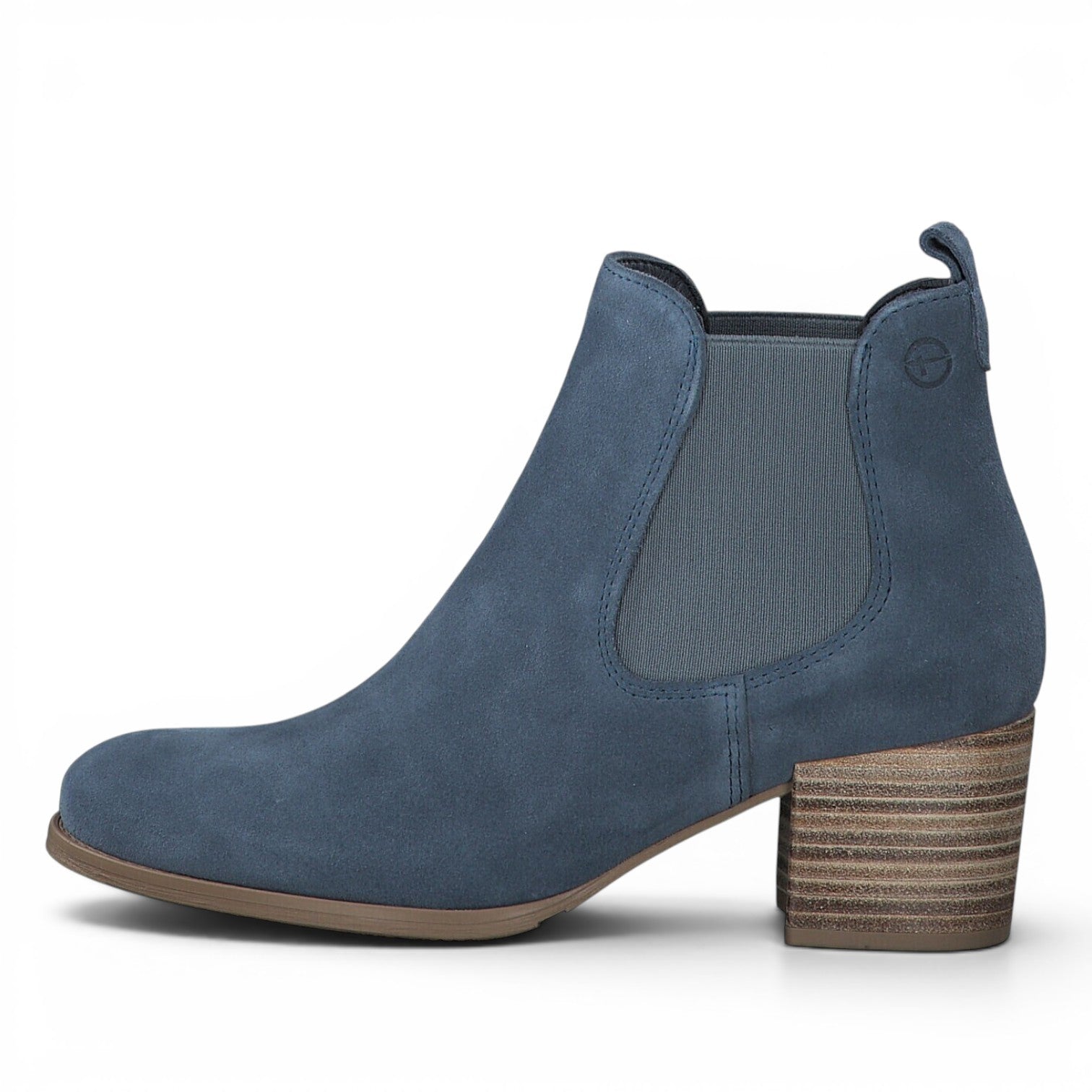 ShoeShop Tamaris blue suede Chelsea boots with elastic side panels and a stacked block heel