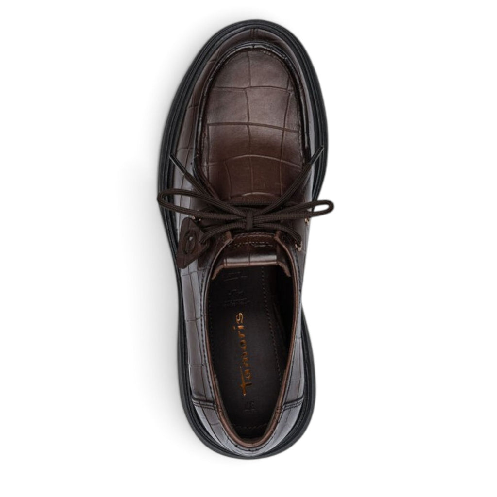 ShoeShop Tamaris brown crocodile-embossed leather lace-up shoe with a thick black platform sole, top view