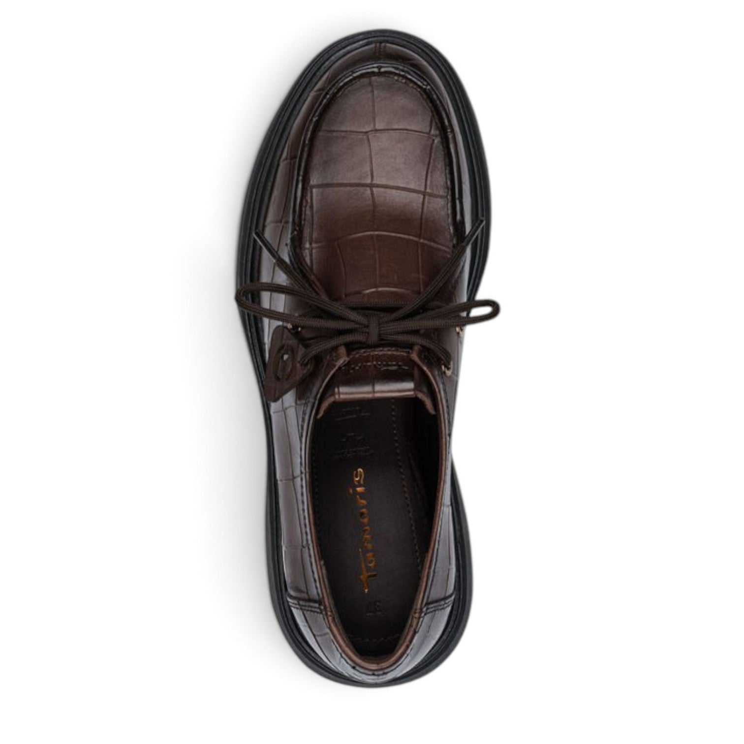 ShoeShop Tamaris brown crocodile-embossed leather lace-up shoe with a thick black platform sole, top view