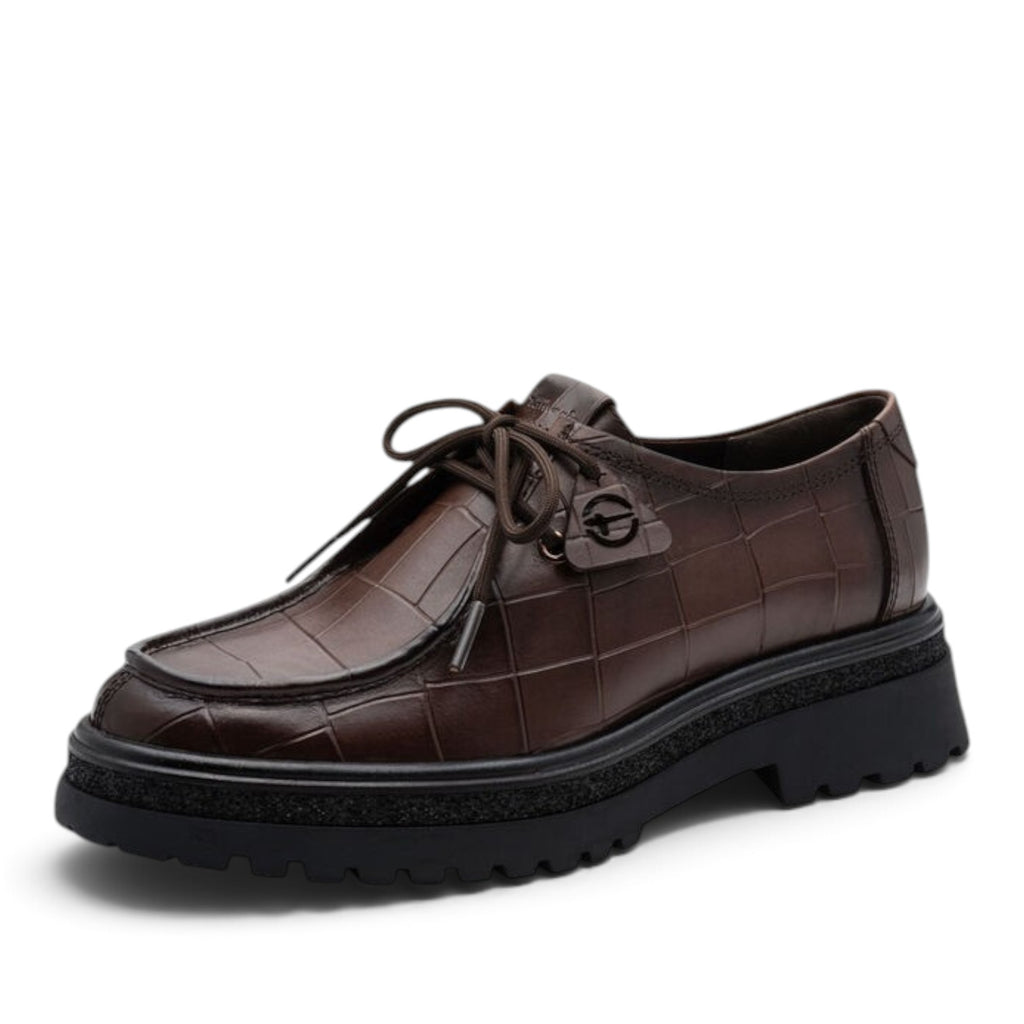 ShoeShop Tamaris brown crocodile-embossed leather lace-up shoes with a chunky black lug sole