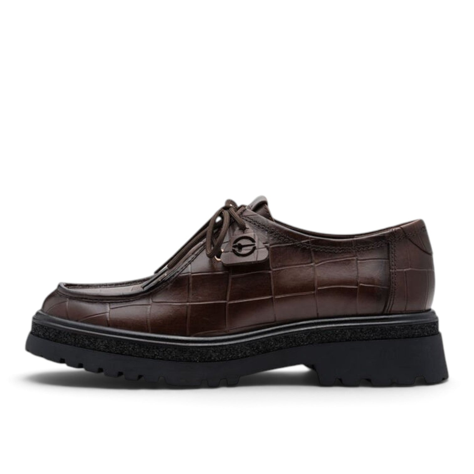 ShoeShop Tamaris brown leather lace-up shoes with a crocodile-embossed texture and a chunky black lug sole