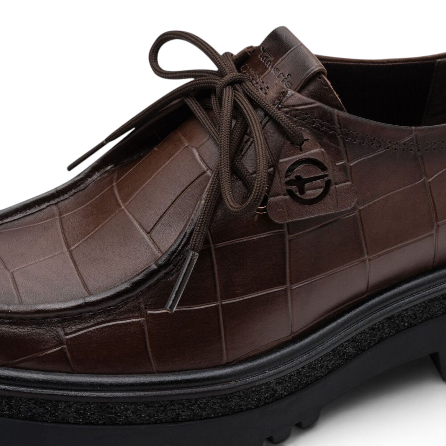 ShoeShop Tamaris brown leather lace-up shoes with a crocodile-embossed texture and a chunky black platform sole.