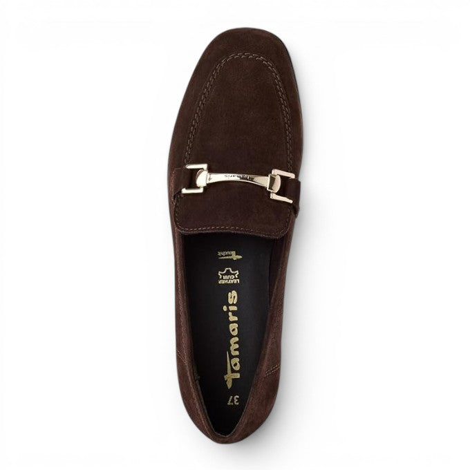 ShoeShop Tamaris dark brown suede loafers with a gold-tone metal bit detail and comfortable textile lining.