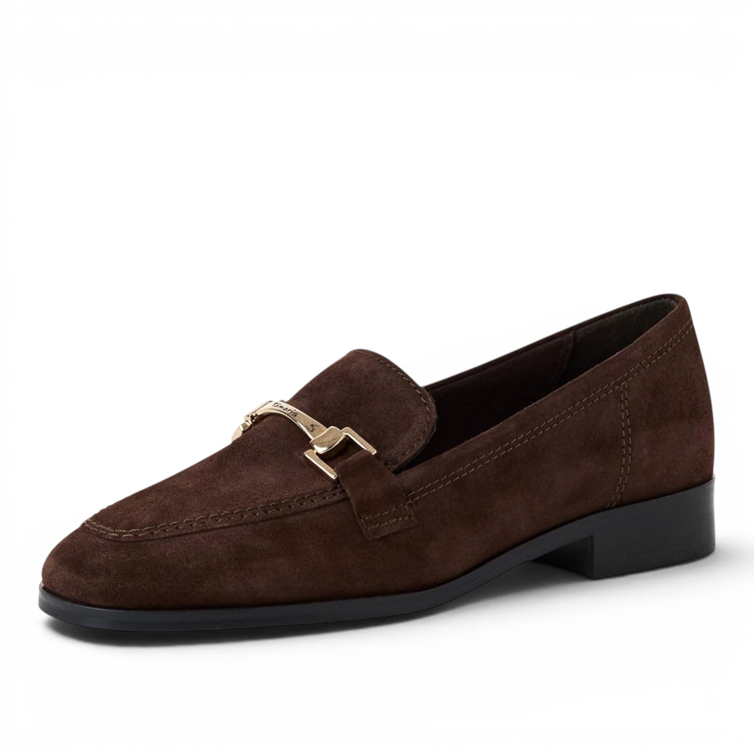 ShoeShop Tamaris dark brown suede loafers with gold-tone metal hardware detail and a flat rubber sole