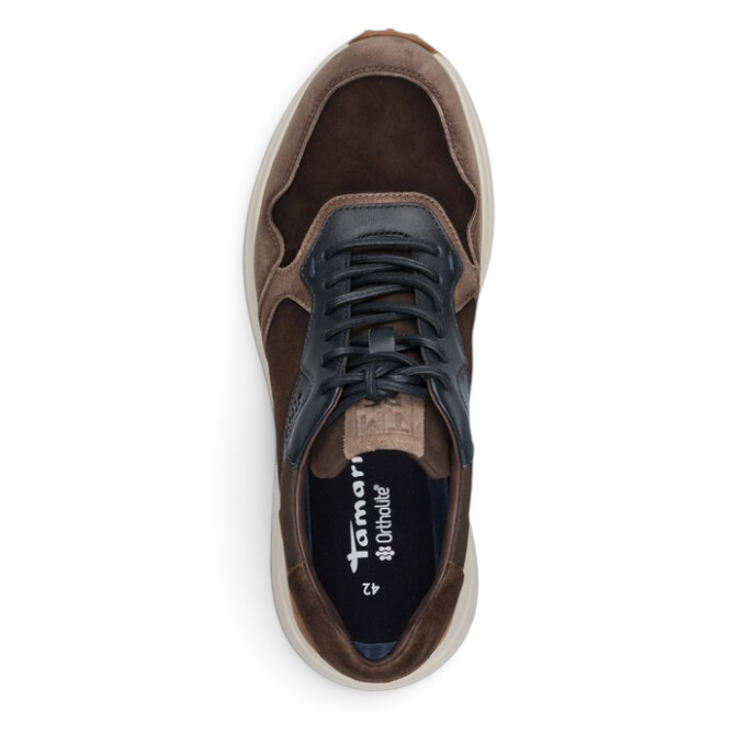 ShoeShop Tamaris brown suede and leather lace-up sneaker with Ortholite insole, top view