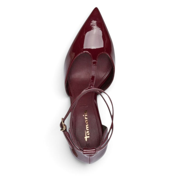 ShoeShop Tamaris burgundy patent leather pointed toe t-strap heels with ankle buckle