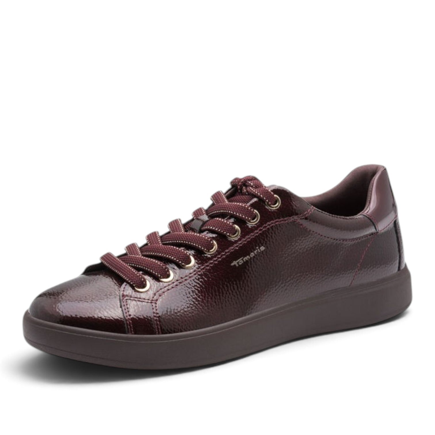 ShoeShop Tamaris burgundy patent leather lace-up sneakers with a low profile and matching dark sole