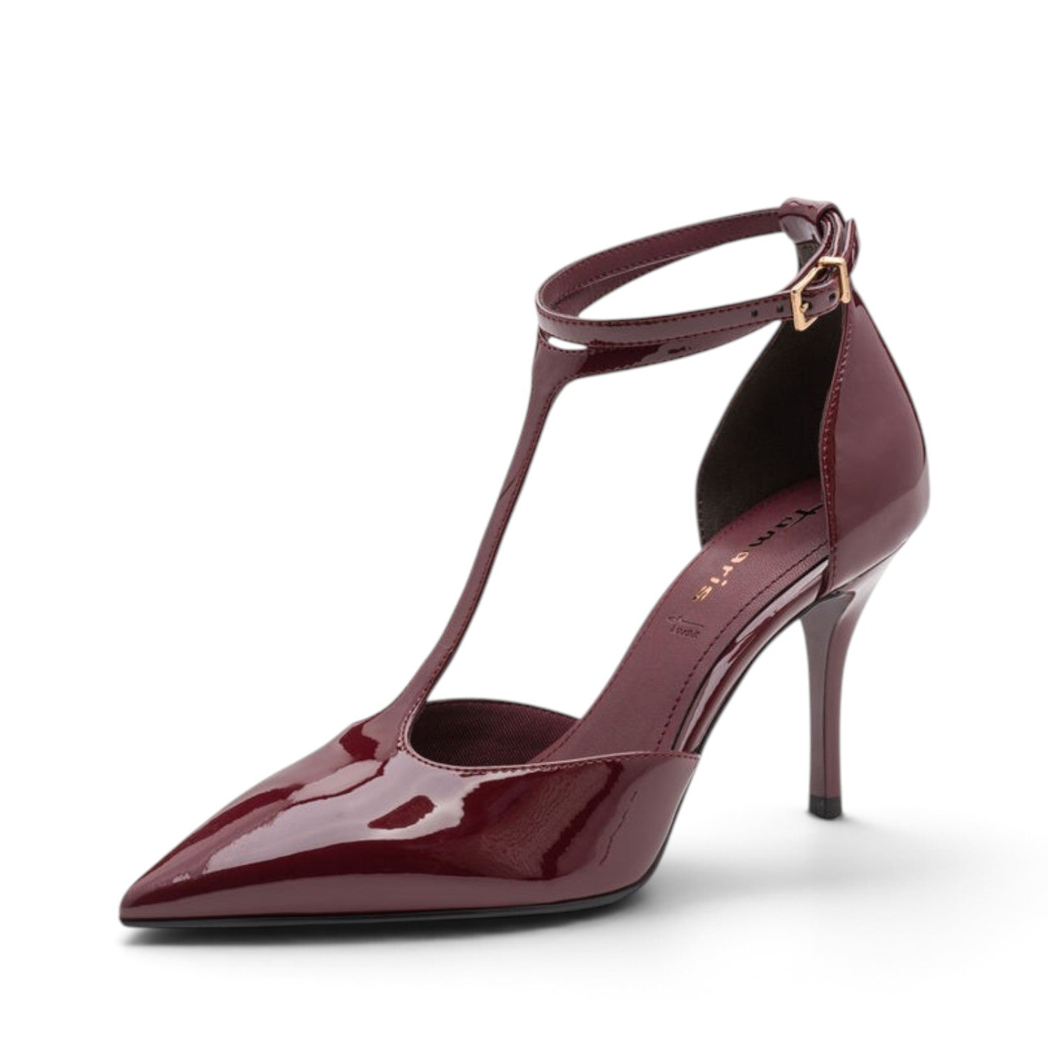 ShoeShop Tamaris burgundy patent leather t-strap stiletto heels with pointed toe and adjustable ankle buckle