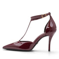 ShoeShop Tamaris burgundy patent leather t-strap high heel pumps with a pointed toe and adjustable ankle buckle