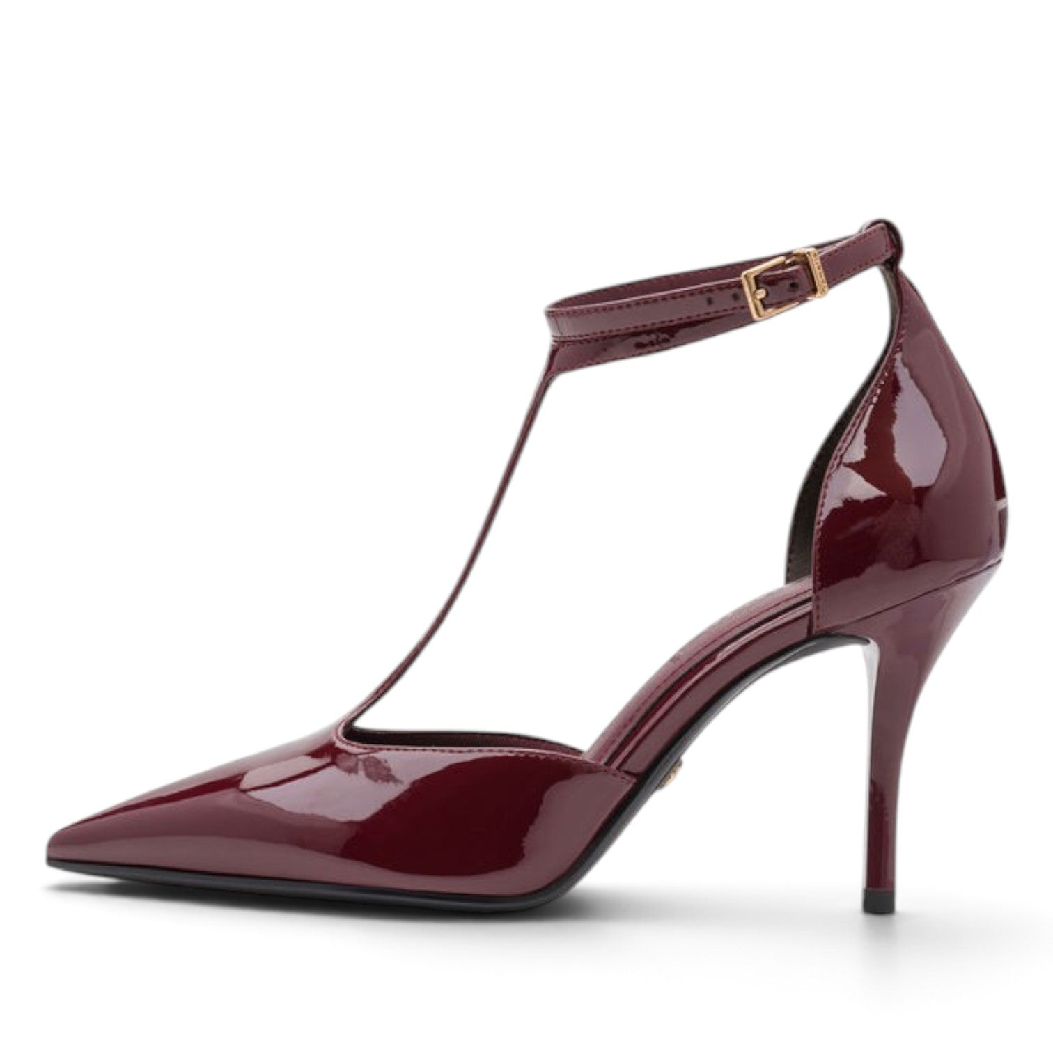 ShoeShop Tamaris burgundy patent leather t-strap high heel pumps with a pointed toe and adjustable ankle buckle