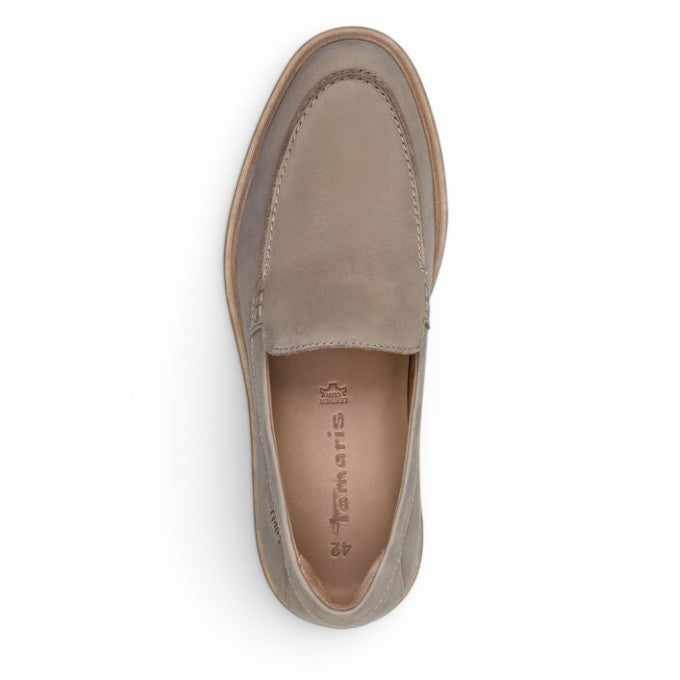 ShoeShop Tamaris grey suede loafers with a minimalist design and flat sole, viewed from above.