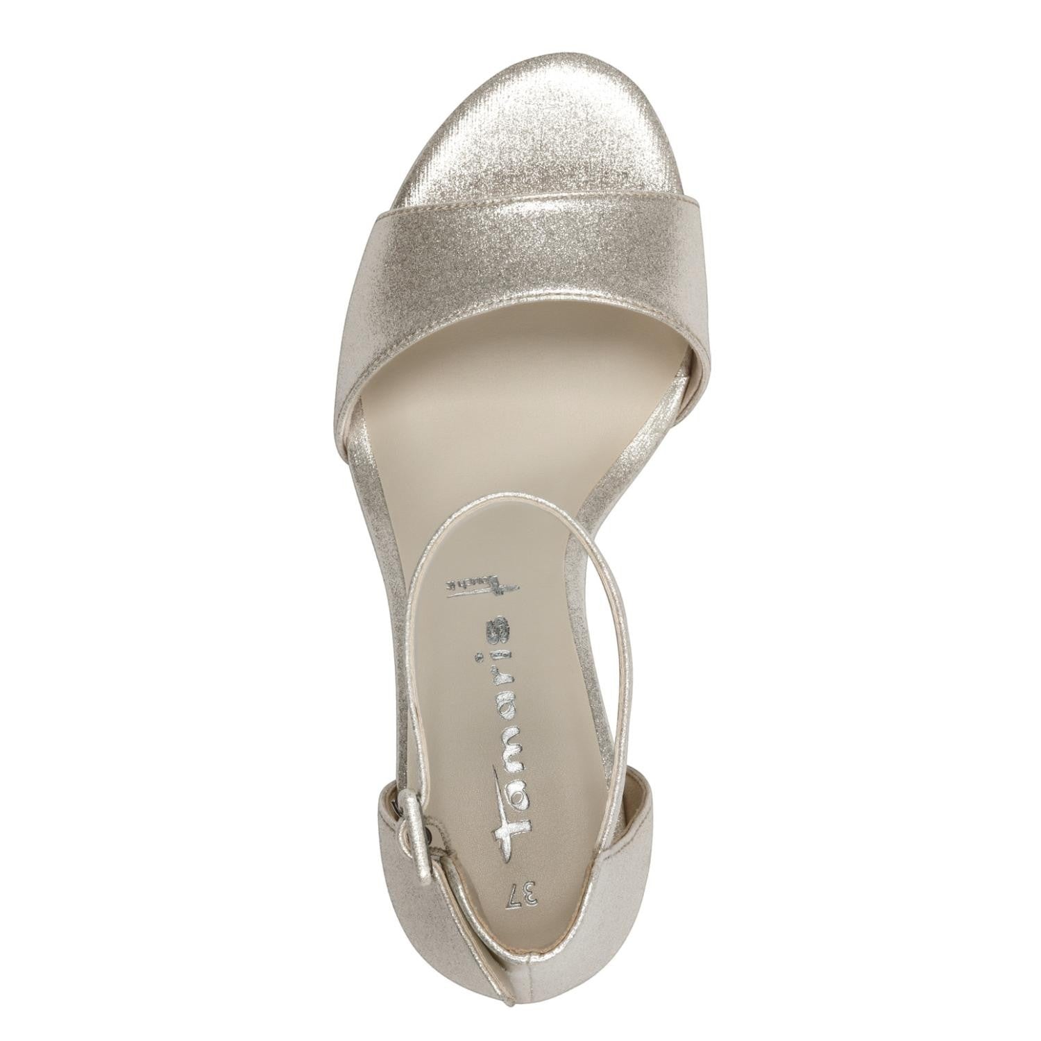 ShoeShop Tamaris metallic gold open-toe sandal with ankle strap and block heel, top view.