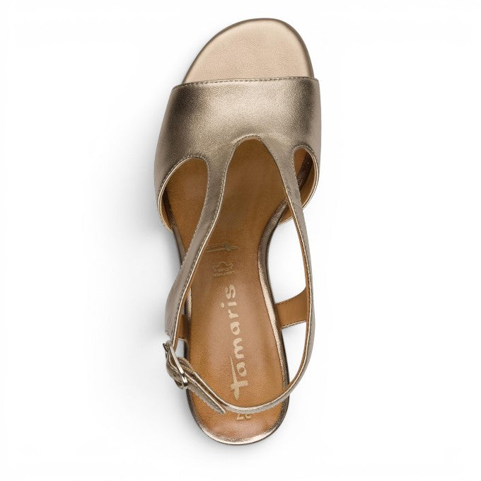 ShoeShop Tamaris metallic gold t-strap sandals with an open toe and adjustable buckle strap, top view