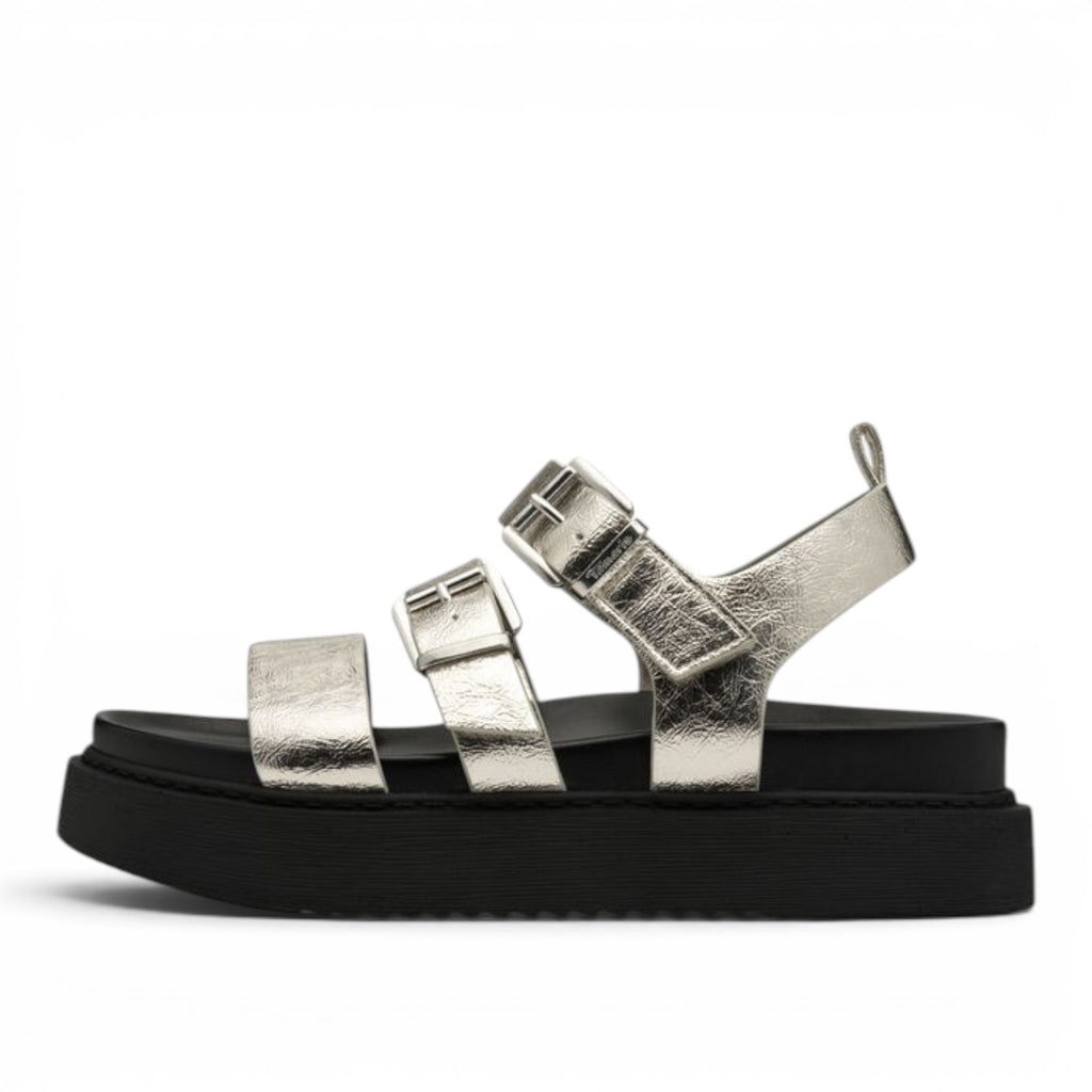 ShoeShop Tamaris metallic silver platform sandals with three adjustable buckle straps and a thick black sole