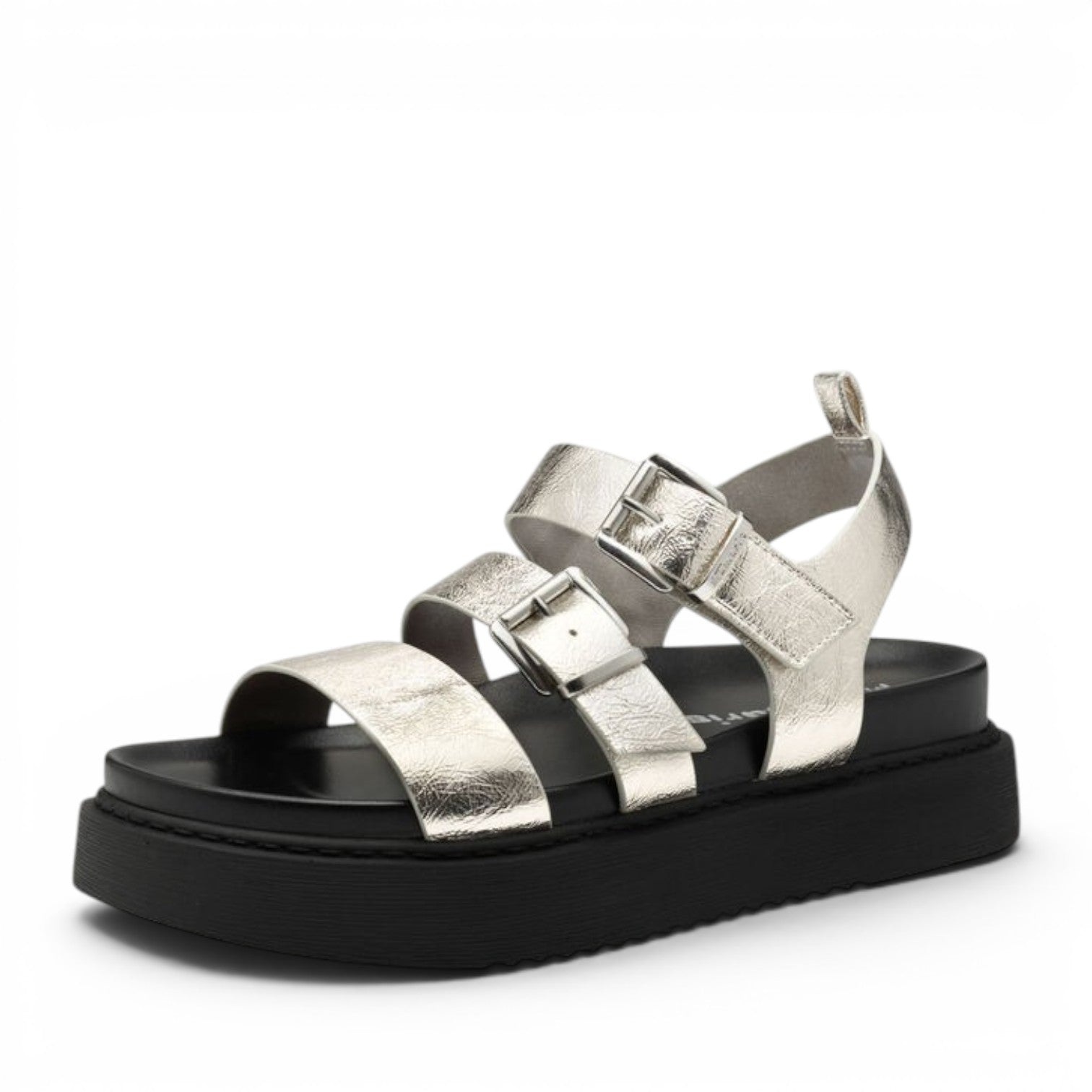 ShoeShop Tamaris metallic silver platform sandals with double buckle straps and a thick black sole