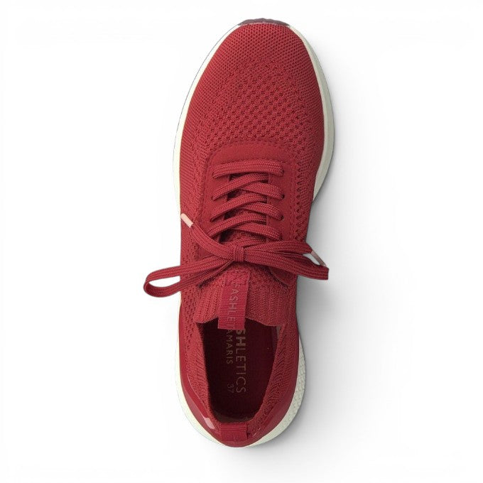 ShoeShop Tamaris red textile lace-up sneakers with a white sole, top-down view