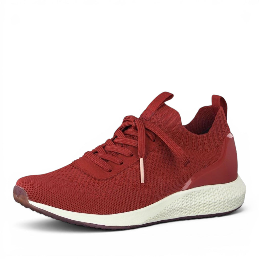 ShoeShop Tamaris red textile lace-up sneakers with a white textured midsole and a pull tab