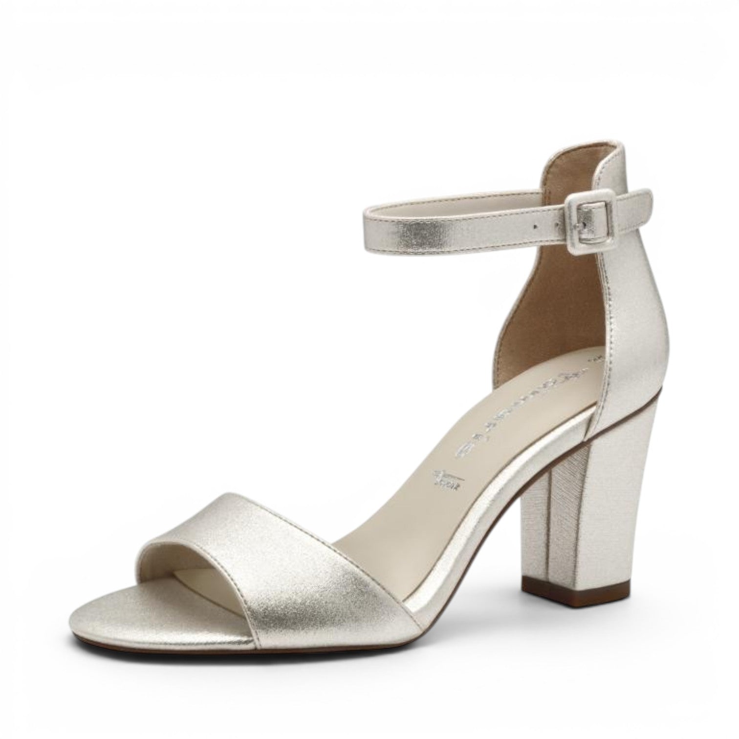 ShoeShop Tamaris metallic silver block heel sandals with ankle strap and open toe design