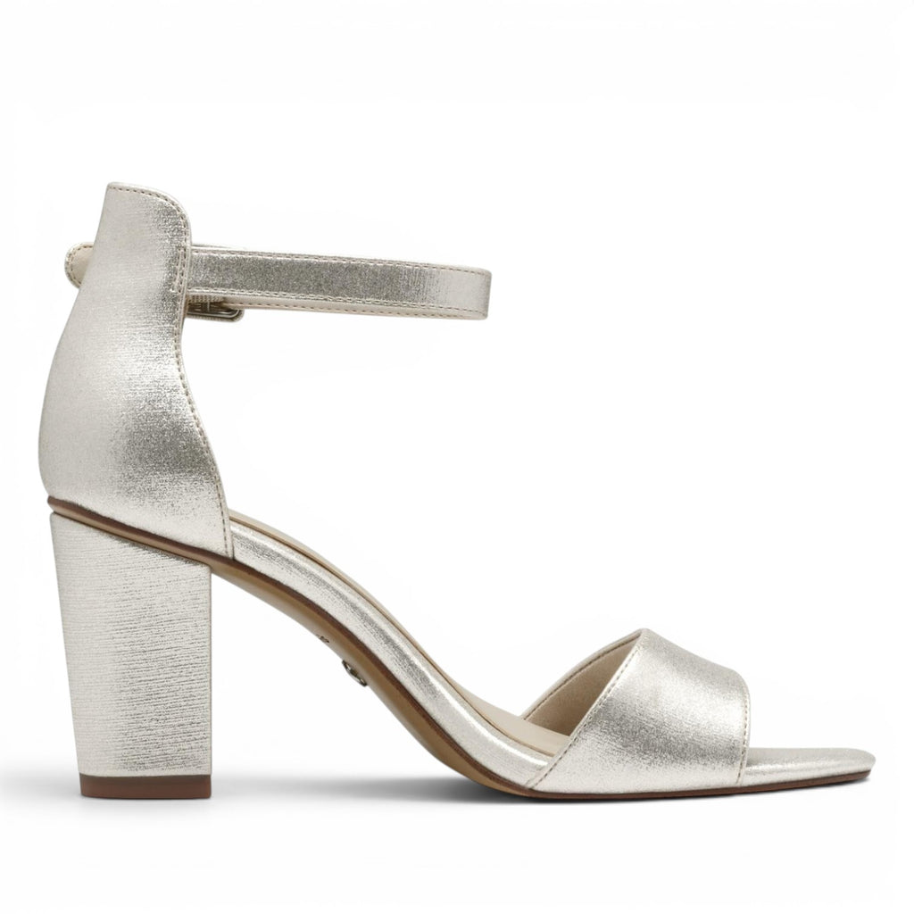 ShoeShop Tamaris metallic silver block heel sandals with ankle strap