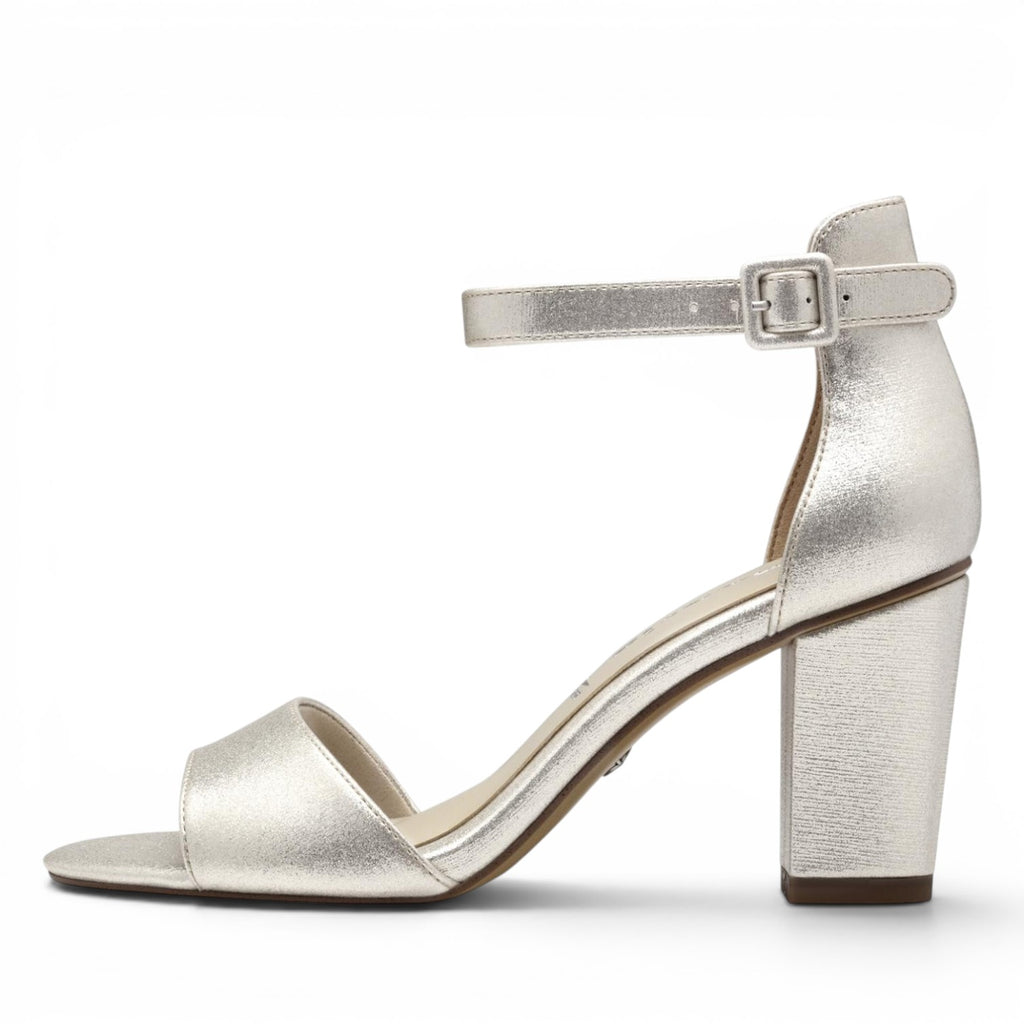ShoeShop Tamaris silver metallic block heel sandals with an ankle strap and side buckle closure