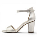 ShoeShop Tamaris silver metallic block heel sandals with an ankle strap and side buckle closure