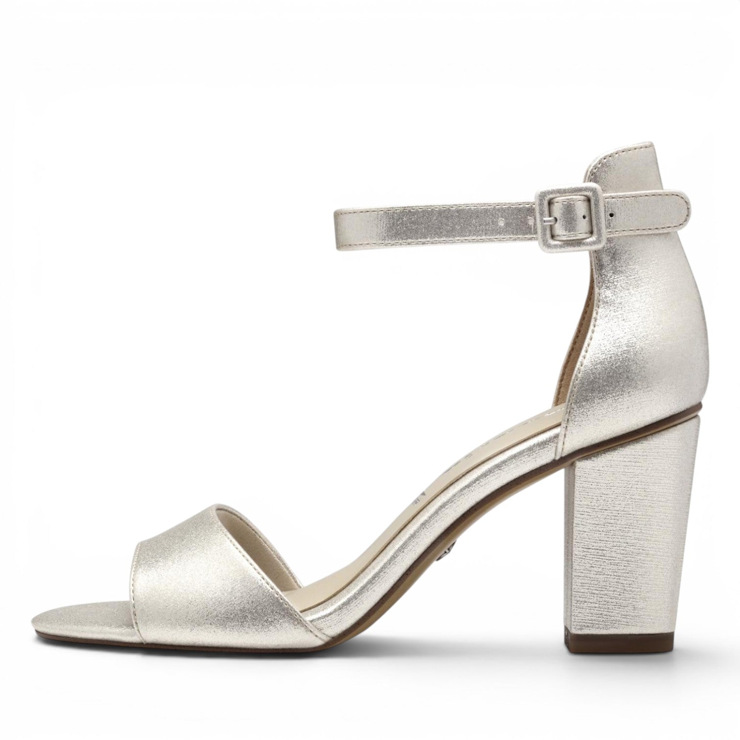ShoeShop Tamaris silver metallic block heel sandals with an ankle strap and side buckle closure