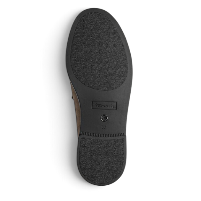 ShoeShop Tamaris suede loafer showing the black rubber sole with textured grip and branding