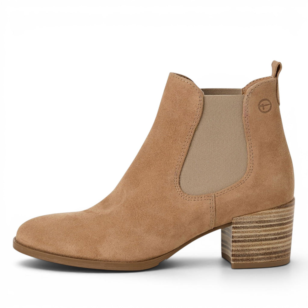 ShoeShop Tamaris tan suede Chelsea boots with elastic side panels and a stacked block heel