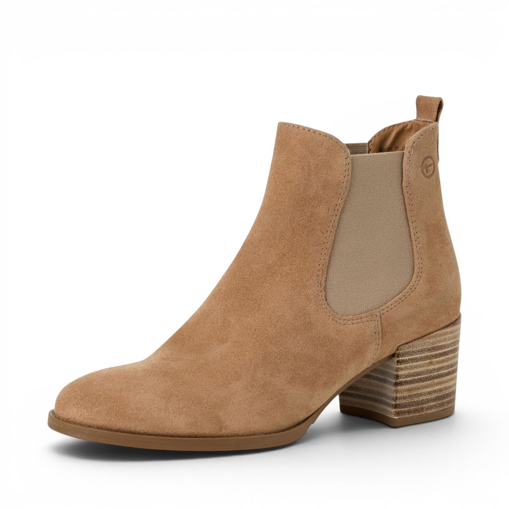 ShoeShop Tamaris tan suede Chelsea boots with elastic side panels and a stacked block heel