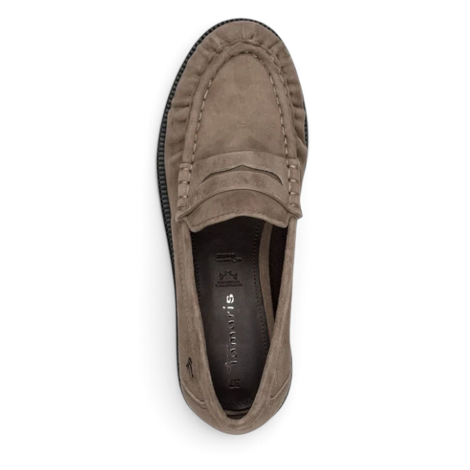 ShoeShop Tamaris suede loafers in taupe with a textured moccasin toe and durable rubber sole, top view.