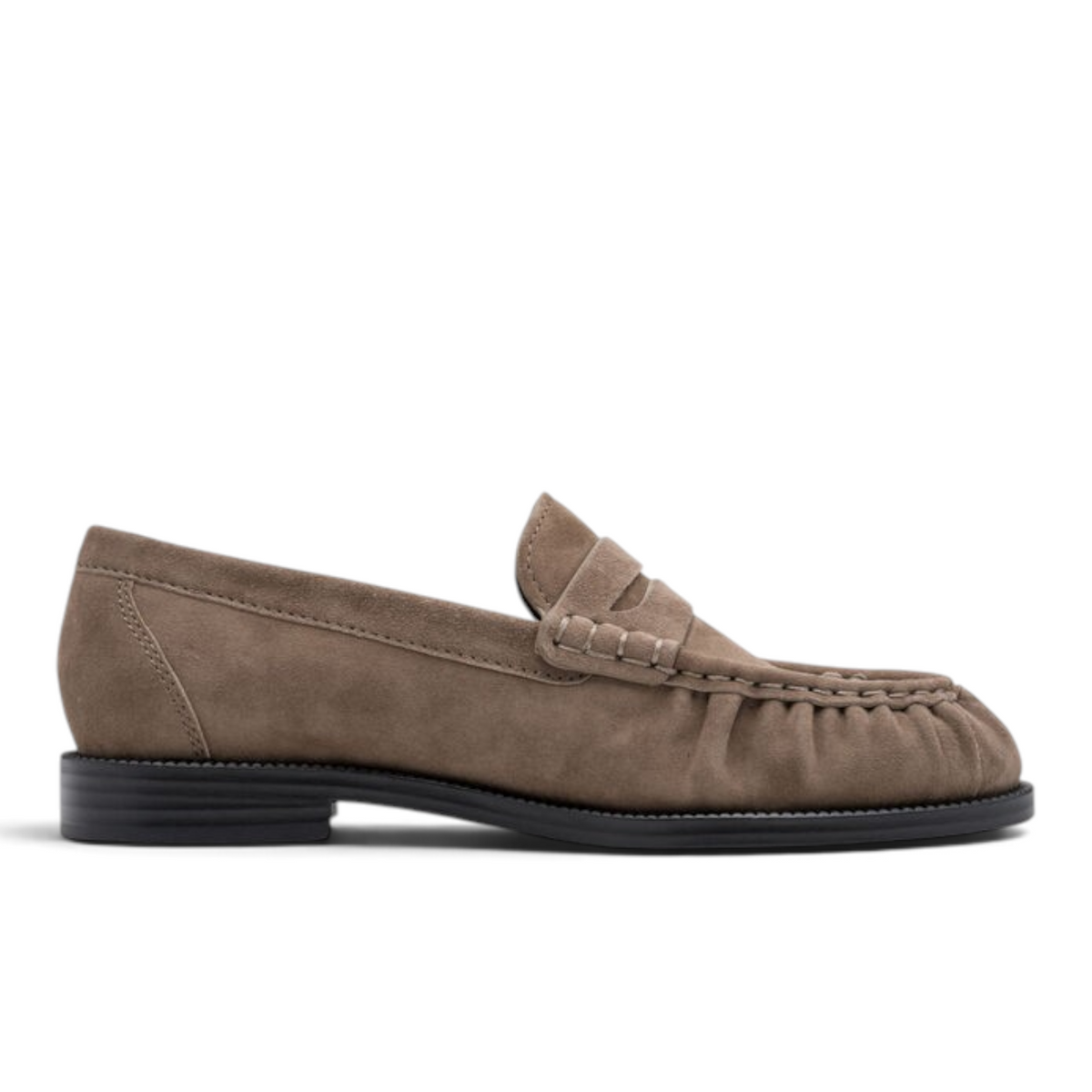 ShoeShop Tamaris suede penny loafers in taupe with a gathered toe detail and black rubber sole