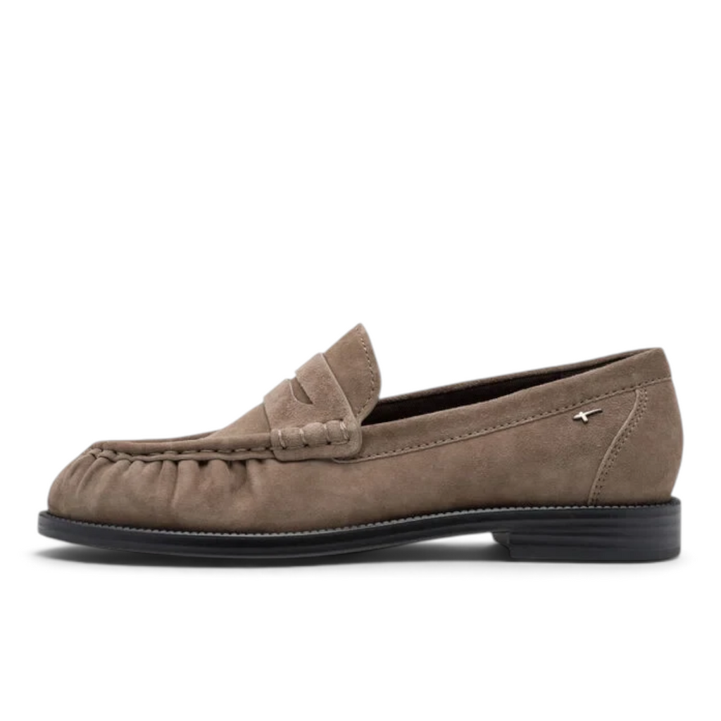 ShoeShop Tamaris suede loafers in taupe with a gathered toe detail and a durable rubber sole, side view.