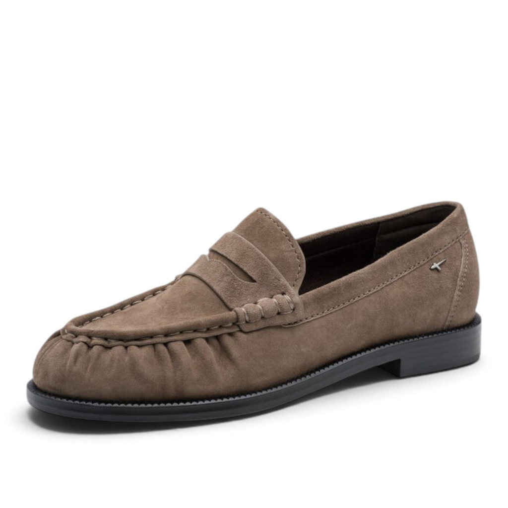 ShoeShop Tamaris suede loafers in taupe with a classic penny strap and durable rubber sole