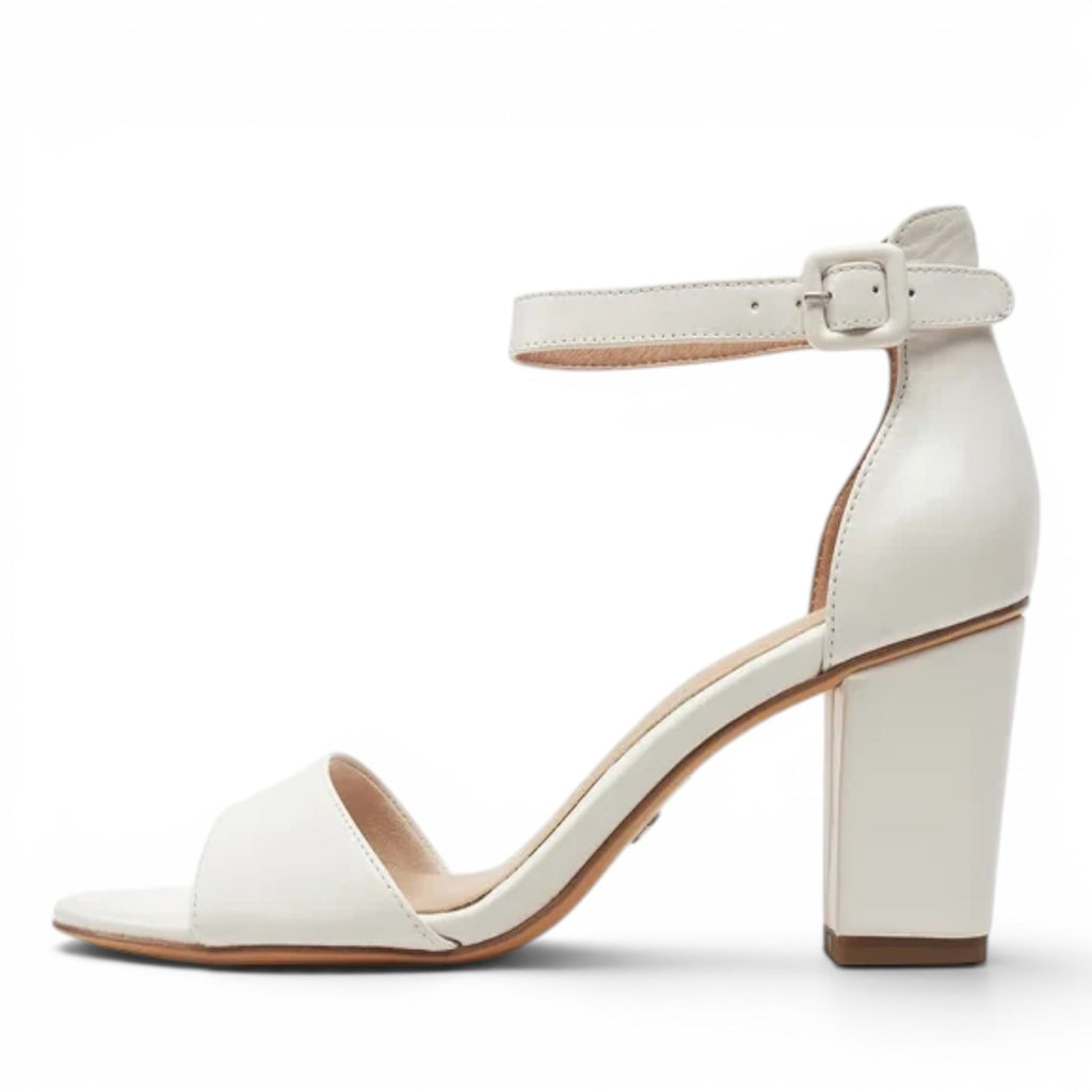ShoeShop Tamaris white leather heeled sandals with an ankle strap and 8.5cm block heel.